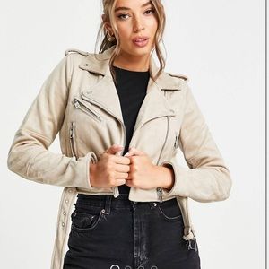 Sold Out ASOS pull&bear suedette biker jacket in beige
